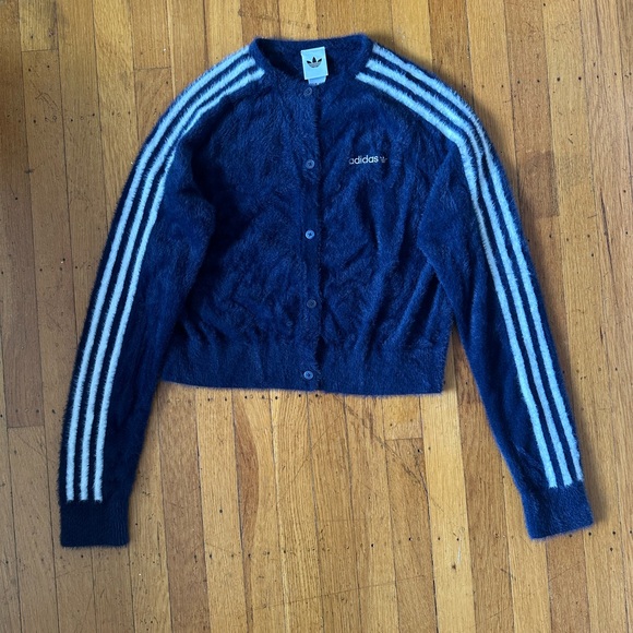 adidas Sweaters - ADIDAS FLUFFY KNITTED CARDIGAN INDIGO BLUE SIZE SMALL NWOT